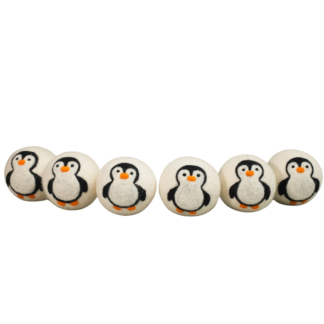 Penguin Wool Dryer Balls – Handmade Natural Wool Laundry Balls (6 Pack)