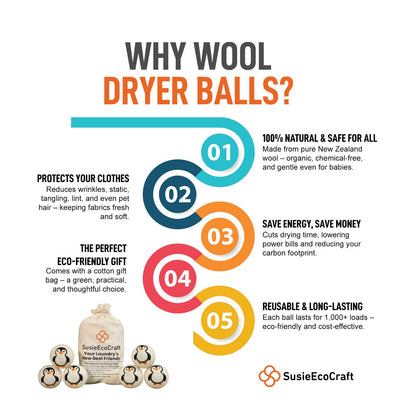 Penguin Wool Dryer Balls – Handmade Natural Wool Laundry Balls (6 Pack)