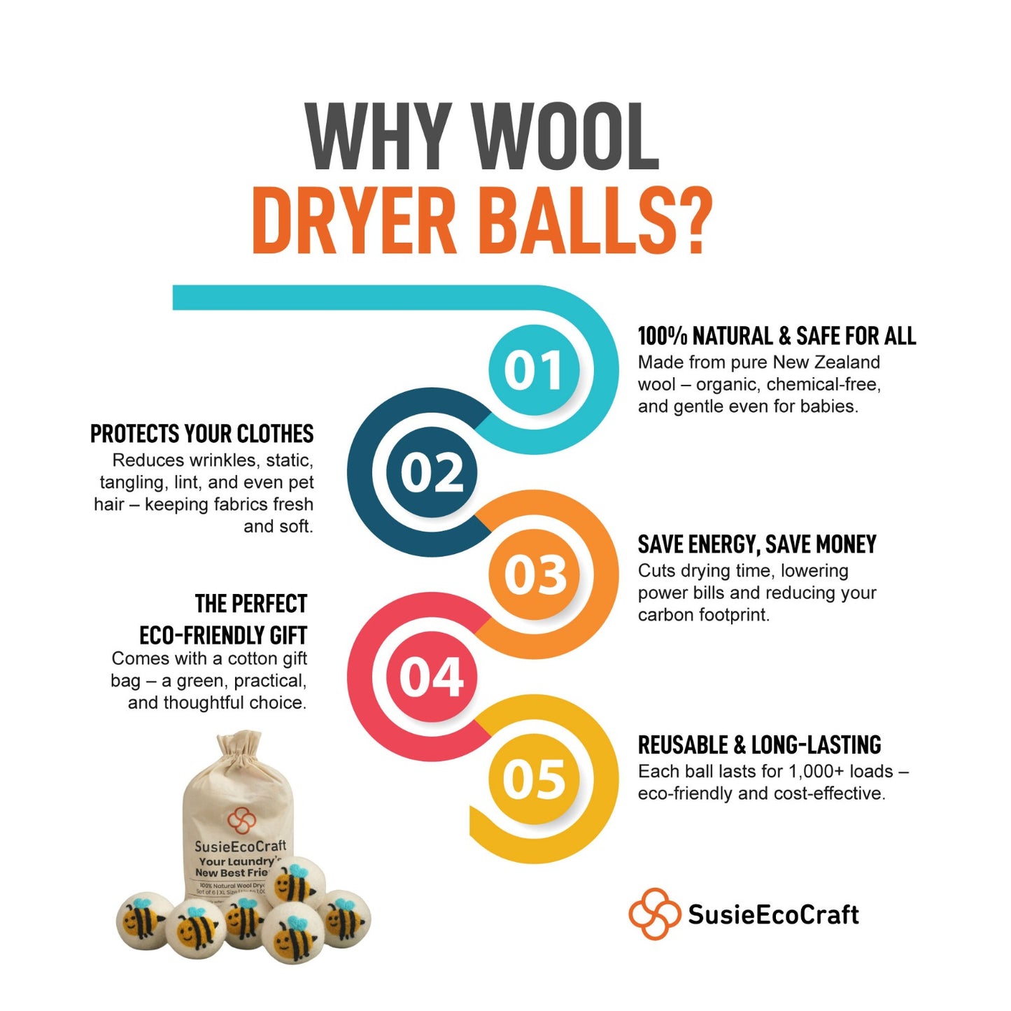 Bee Design Wool Dryer Balls – Eco-Friendly Reusable Laundry Balls (6 Pack)