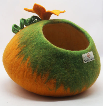 Handmade Felt Cat Cave Bed – Pumpkin Design | 100% New Zealand Wool