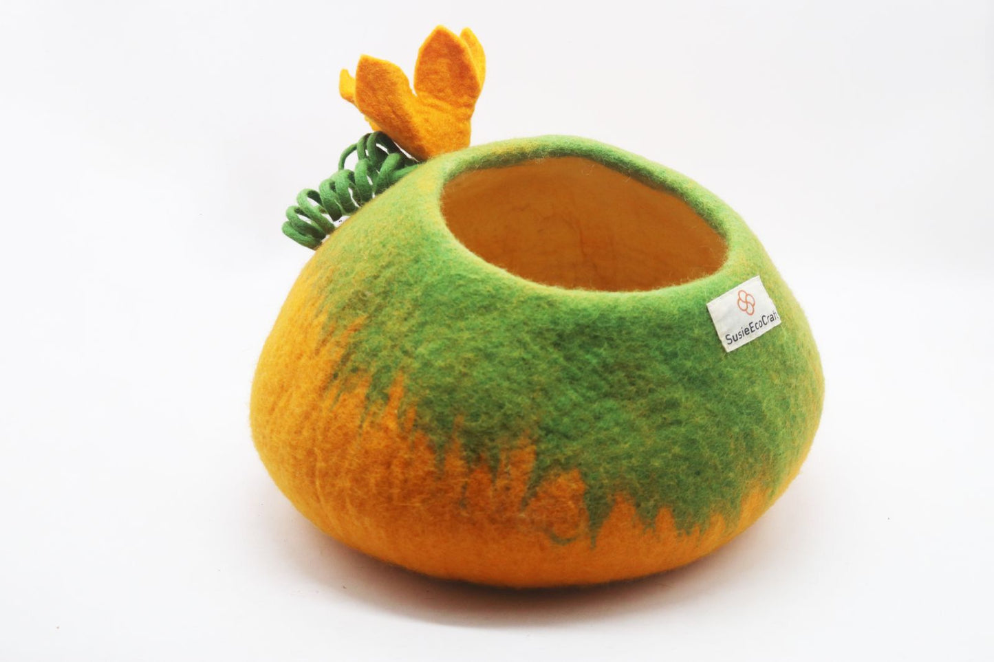 Handmade Felt Cat Cave Bed – Pumpkin Design | 100% New Zealand Wool