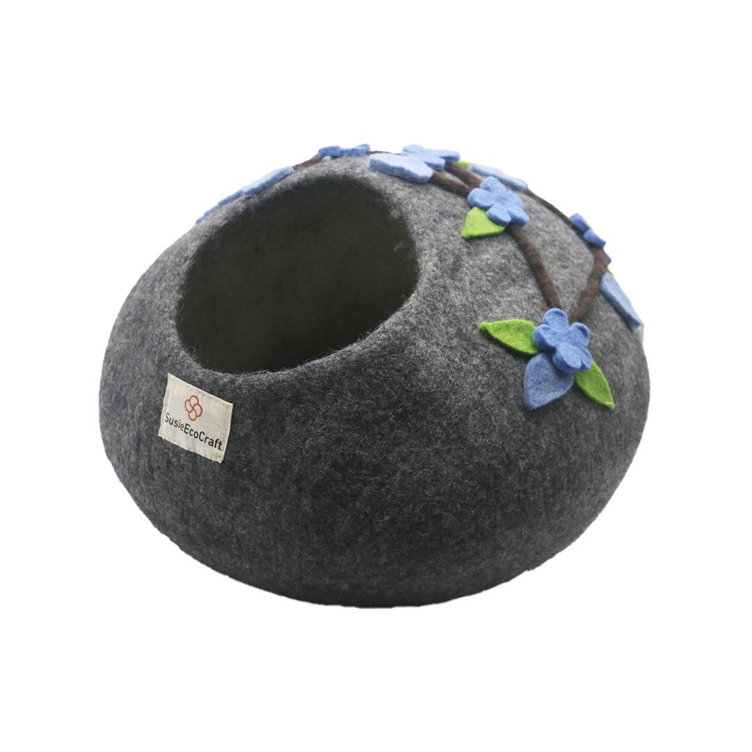 Handmade Felt Cat Cave Bed – Grey Flower Design | Premium Wool Cat Bed