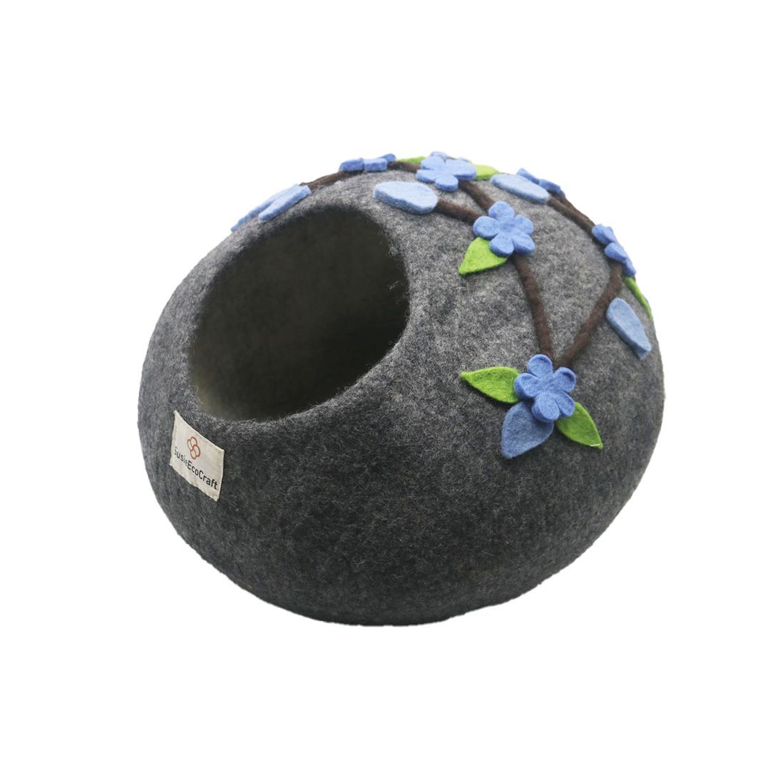 Handmade Felt Cat Cave Bed – Grey Flower Design | Premium Wool Cat Bed