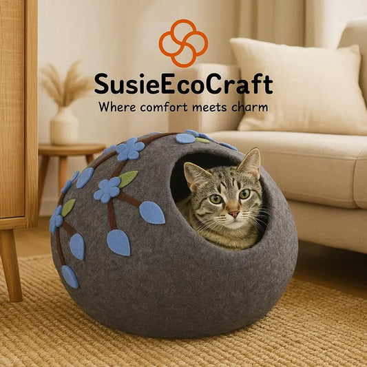 Handmade Felt Cat Cave Bed – Grey Flower Design | Premium Wool Cat Bed