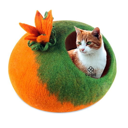 Handmade Felt Cat Cave Bed – Pumpkin Design | 100% New Zealand Wool