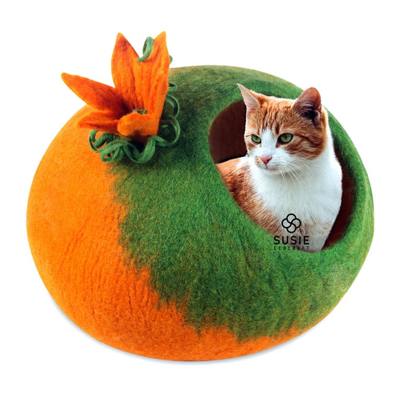 Handmade Felt Cat Cave Bed – Pumpkin Design | 100% New Zealand Wool