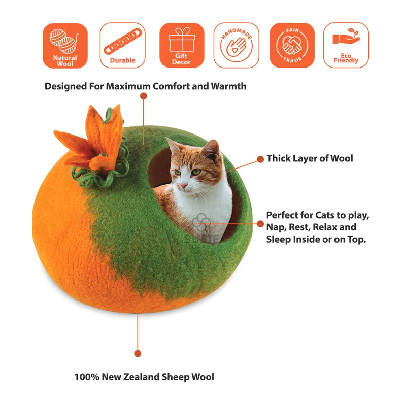 Handmade Felt Cat Cave Bed – Pumpkin Design | 100% New Zealand Wool