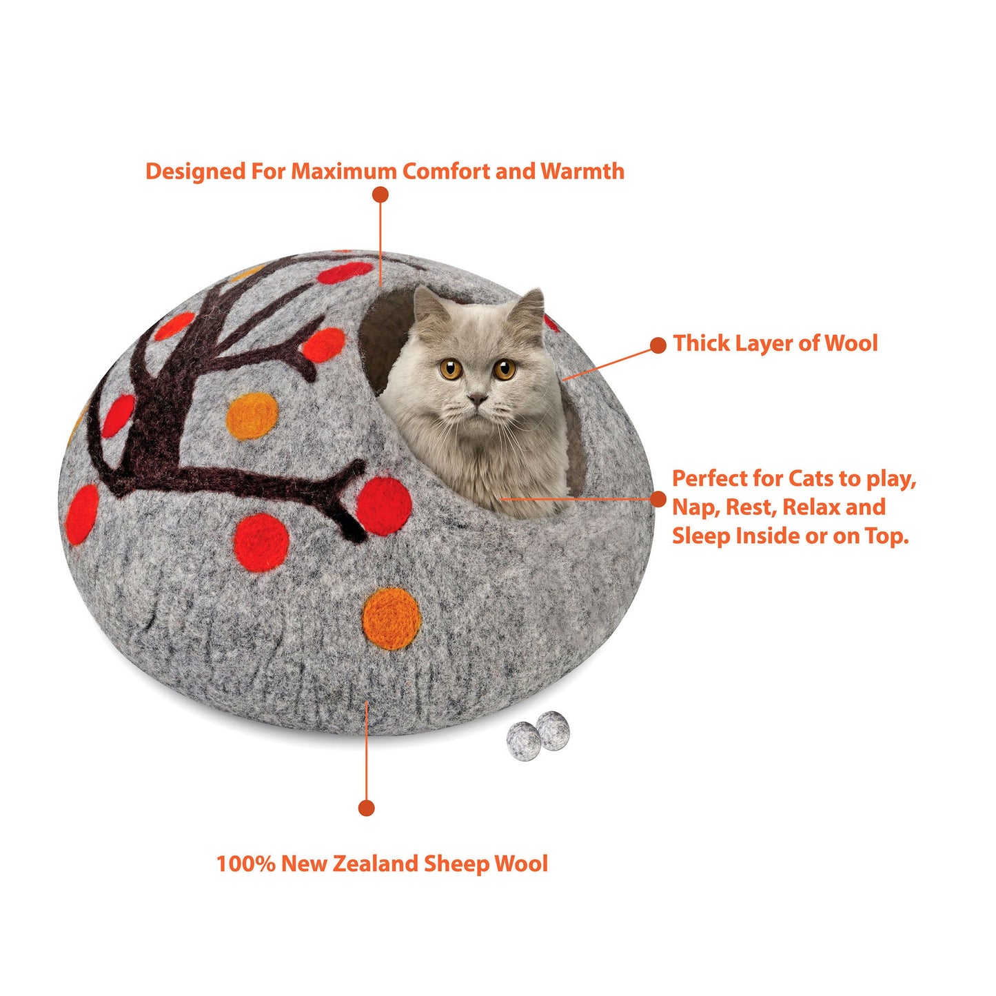 Handmade Felt Cat Cave Bed – Tree Design | Eco-Friendly Wool Cat House