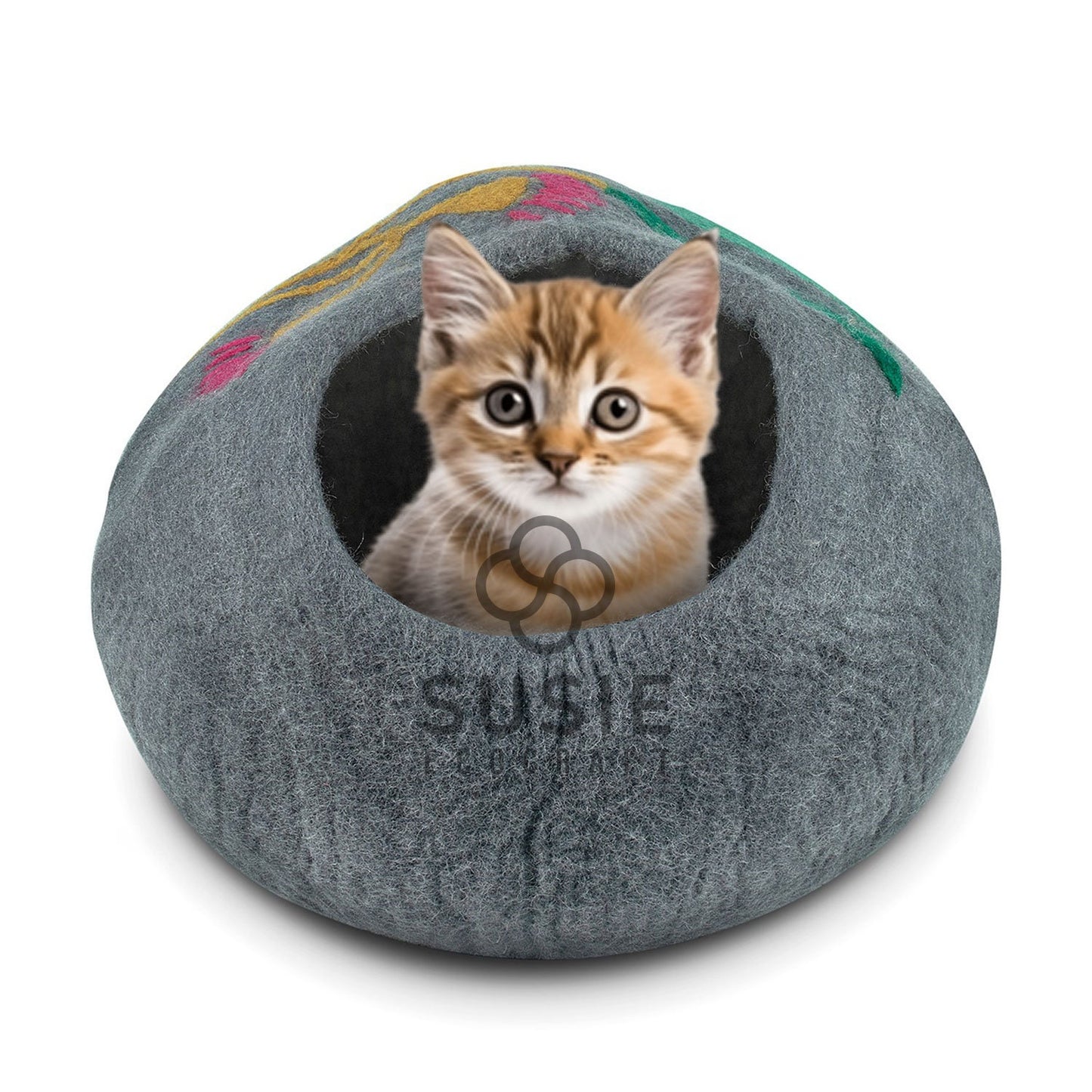 Handmade Felt Cat Cave Bed – Eucalyptus Flower Design | Natural Wool