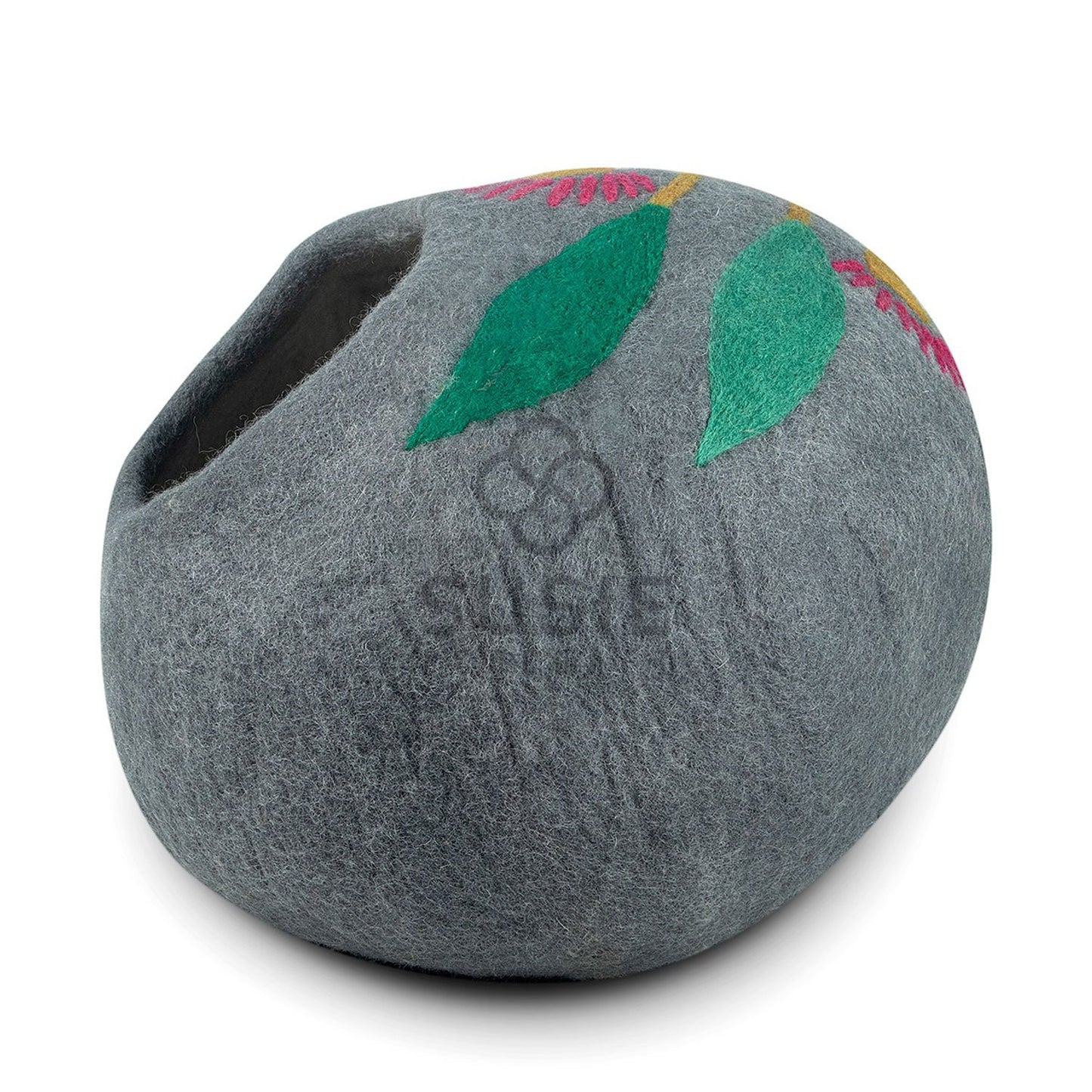 Handmade Felt Cat Cave Bed – Eucalyptus Flower Design | Natural Wool