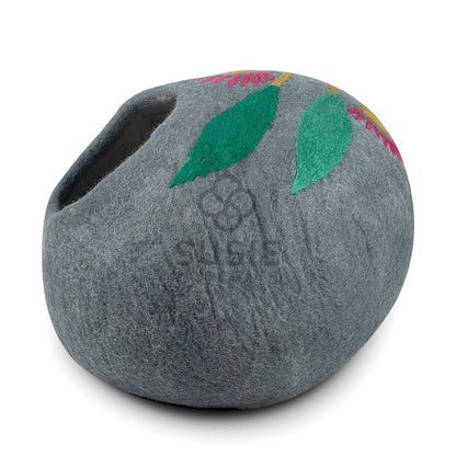 Handmade Felt Cat Cave Bed – Eucalyptus Flower Design | Natural Wool