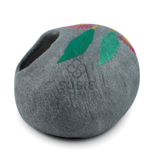 Handmade Felt Cat Cave Bed – Eucalyptus Flower Design | Natural Wool