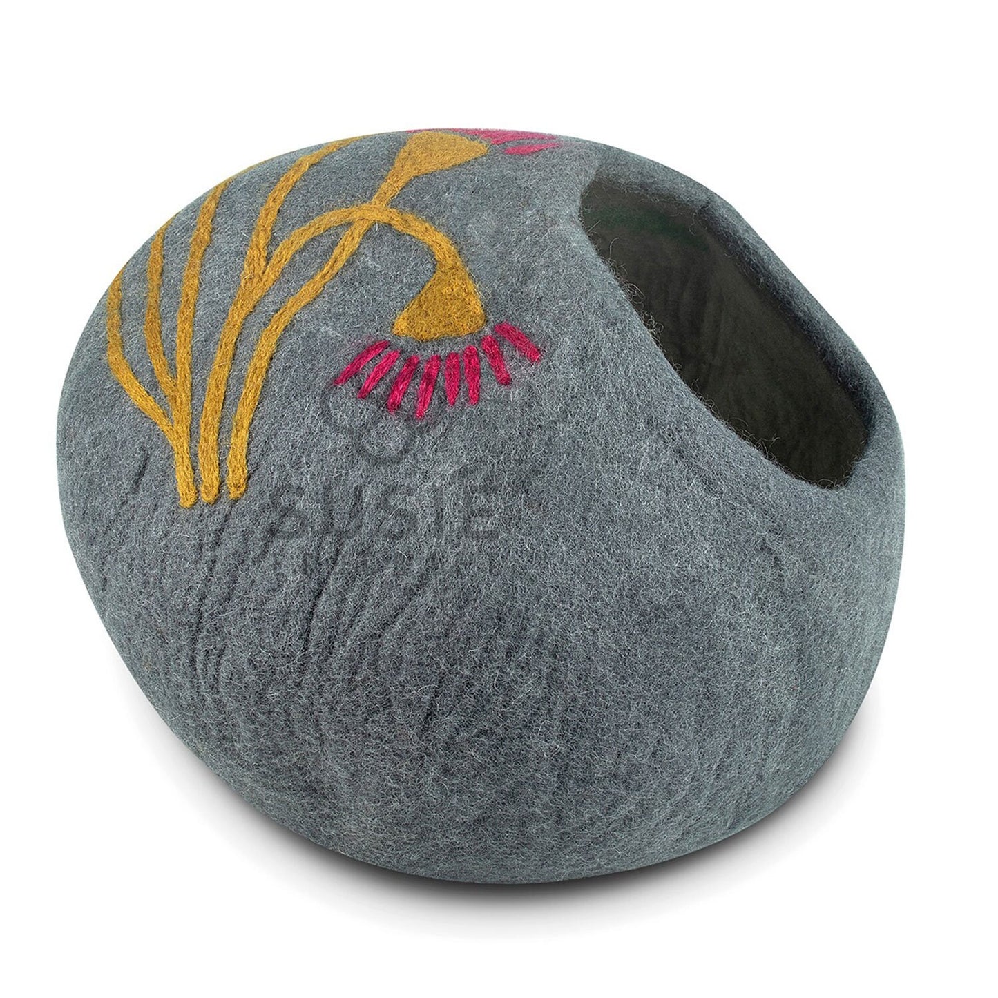 Handmade Felt Cat Cave Bed – Eucalyptus Flower Design | Natural Wool