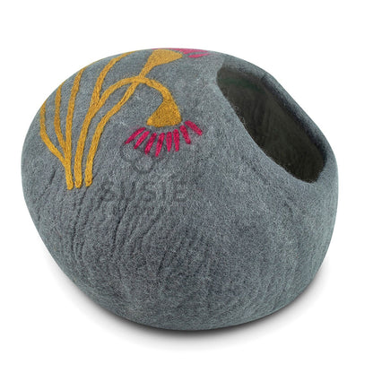Handmade Felt Cat Cave Bed – Eucalyptus Flower Design | Natural Wool