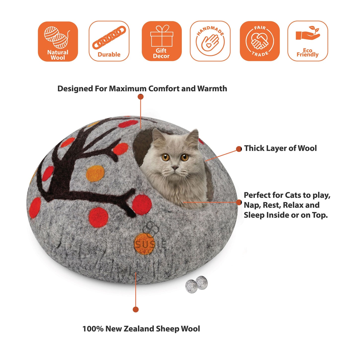 Handmade Felt Cat Cave Bed – Tree Design | Eco-Friendly Wool Cat House
