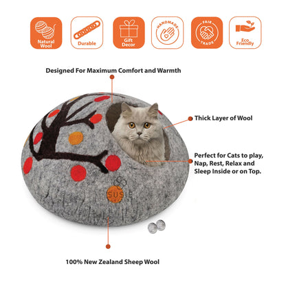 Handmade Felt Cat Cave Bed – Tree Design | Eco-Friendly Wool Cat House