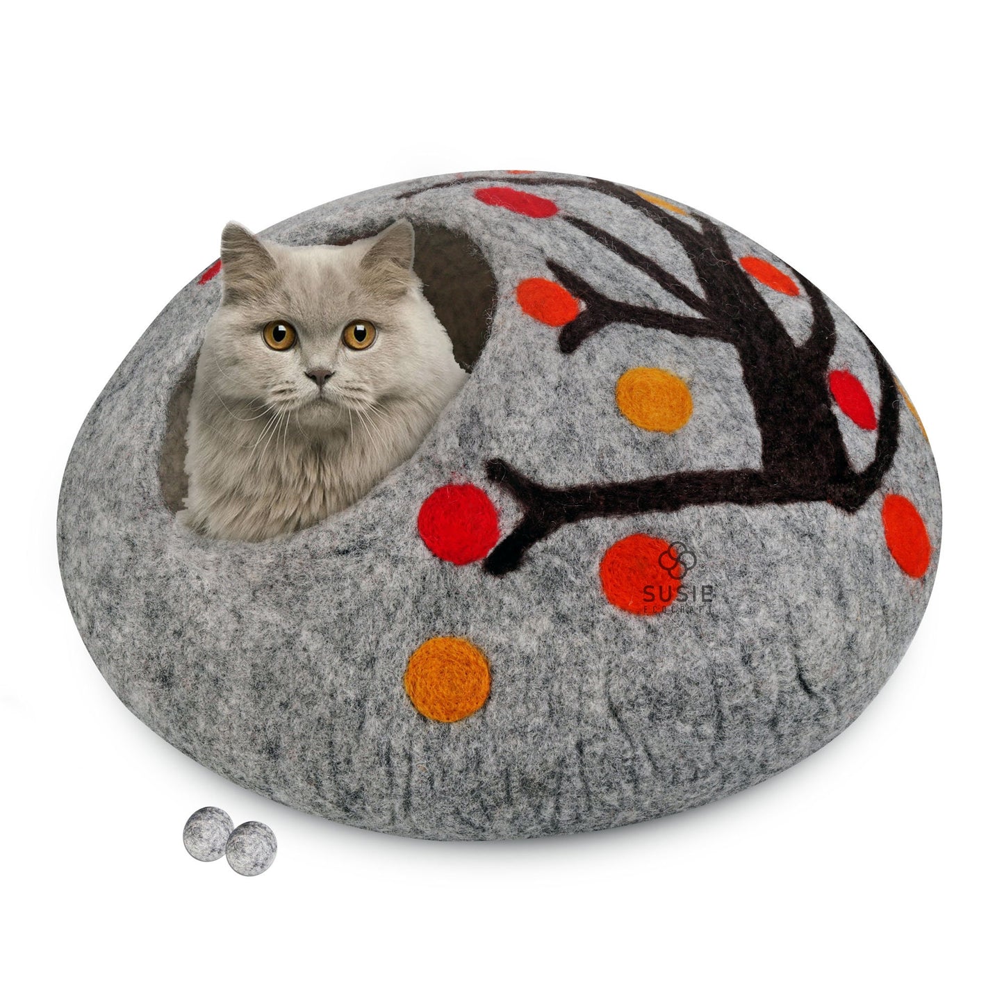 Handmade Felt Cat Cave Bed – Tree Design | Eco-Friendly Wool Cat House