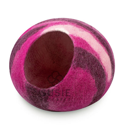 Handmade Felt Cat Cave Bed – Pink Stripe Design | Natural Wool Cat House