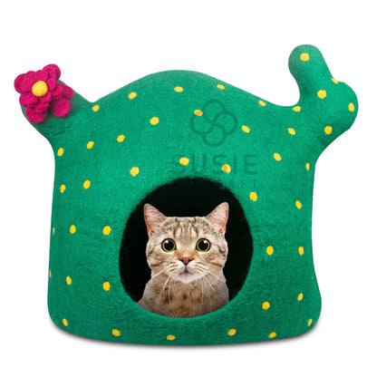Handmade Felt Cat Cave Bed – Cactus Design | 100% New Zealand Wool for Indoor Cats