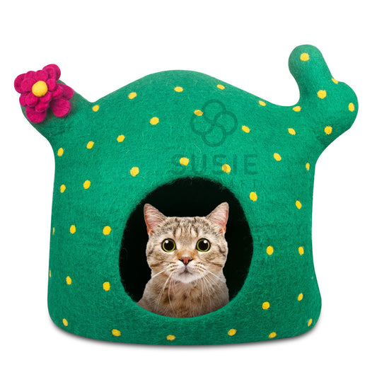 Handmade Felt Cat Cave Bed – Cactus Design | 100% New Zealand Wool for Indoor Cats