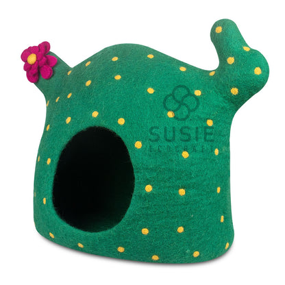 Handmade Felt Cat Cave Bed – Cactus Design | 100% New Zealand Wool for Indoor Cats