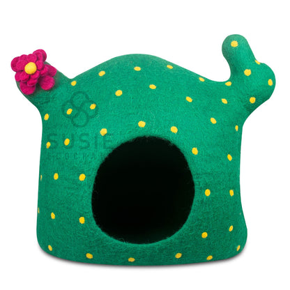 Handmade Felt Cat Cave Bed – Cactus Design | 100% New Zealand Wool for Indoor Cats