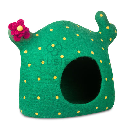 Handmade Felt Cat Cave Bed – Cactus Design | 100% New Zealand Wool for Indoor Cats