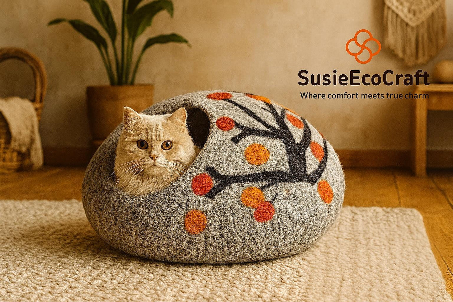 Handmade Felt Cat Cave Bed – Tree Design | Eco-Friendly Wool Cat House