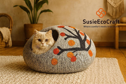Handmade Felt Cat Cave Bed – Tree Design | Eco-Friendly Wool Cat House