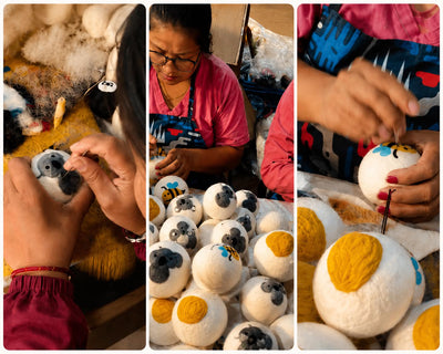 Collage of a person making small round wool felt toys with facial features, surrounded by completed toys.