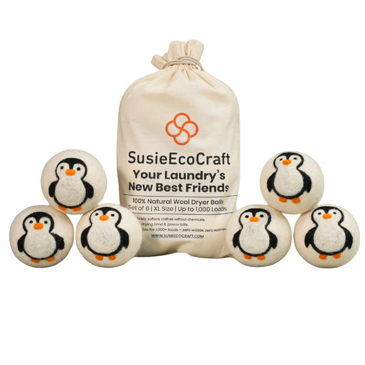 Penguin Wool Dryer Balls – Handmade Natural Wool Laundry Balls (6 Pack)